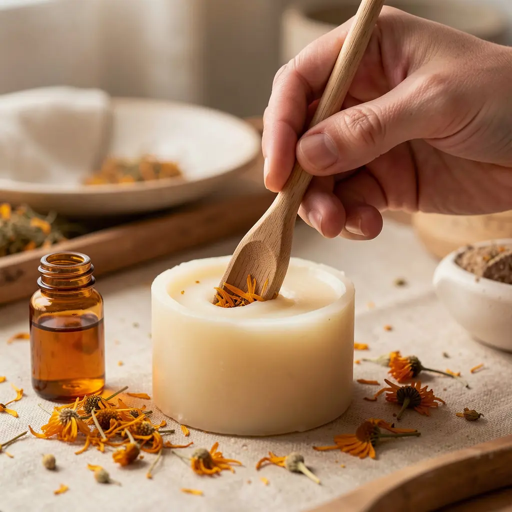 Hands crafting a soy candle with essential oils and dried flowers