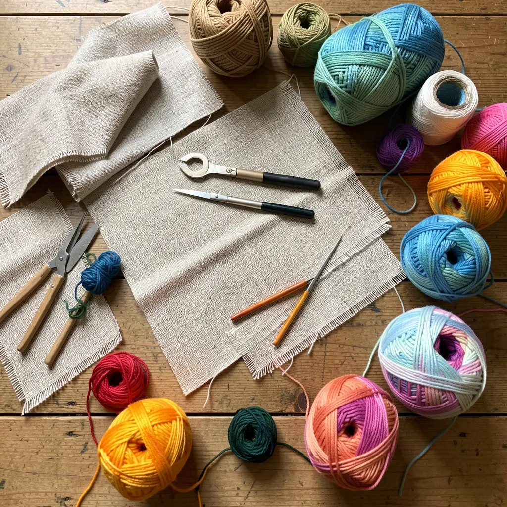 Textile weaving materials and fiber art tools arranged on a wooden surface